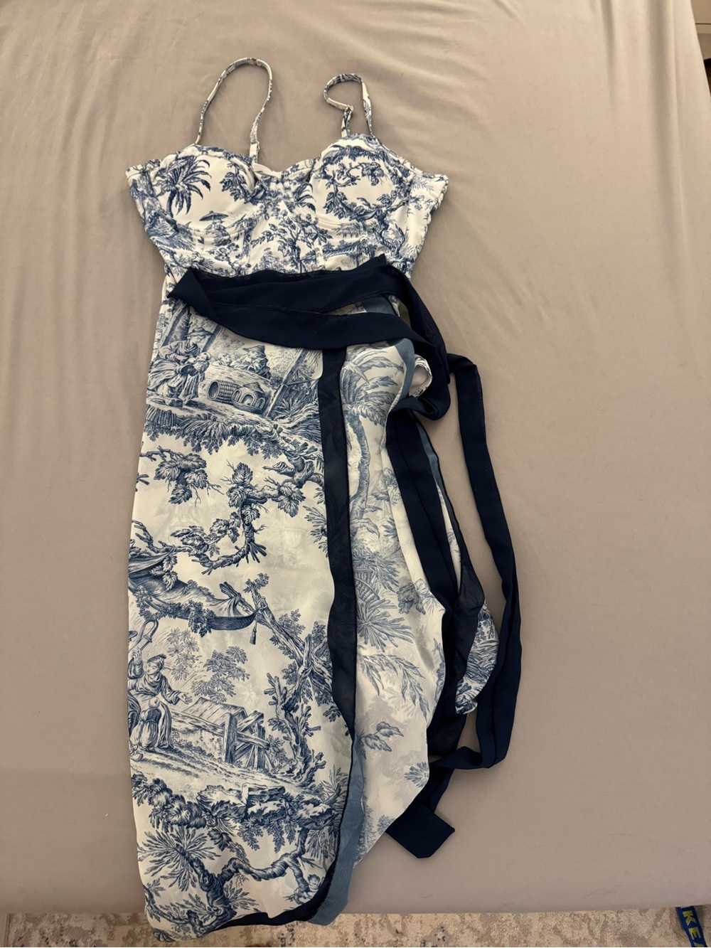 Blue and White Toile Decorative Bathing Suit & Cover Up with Navy Trim